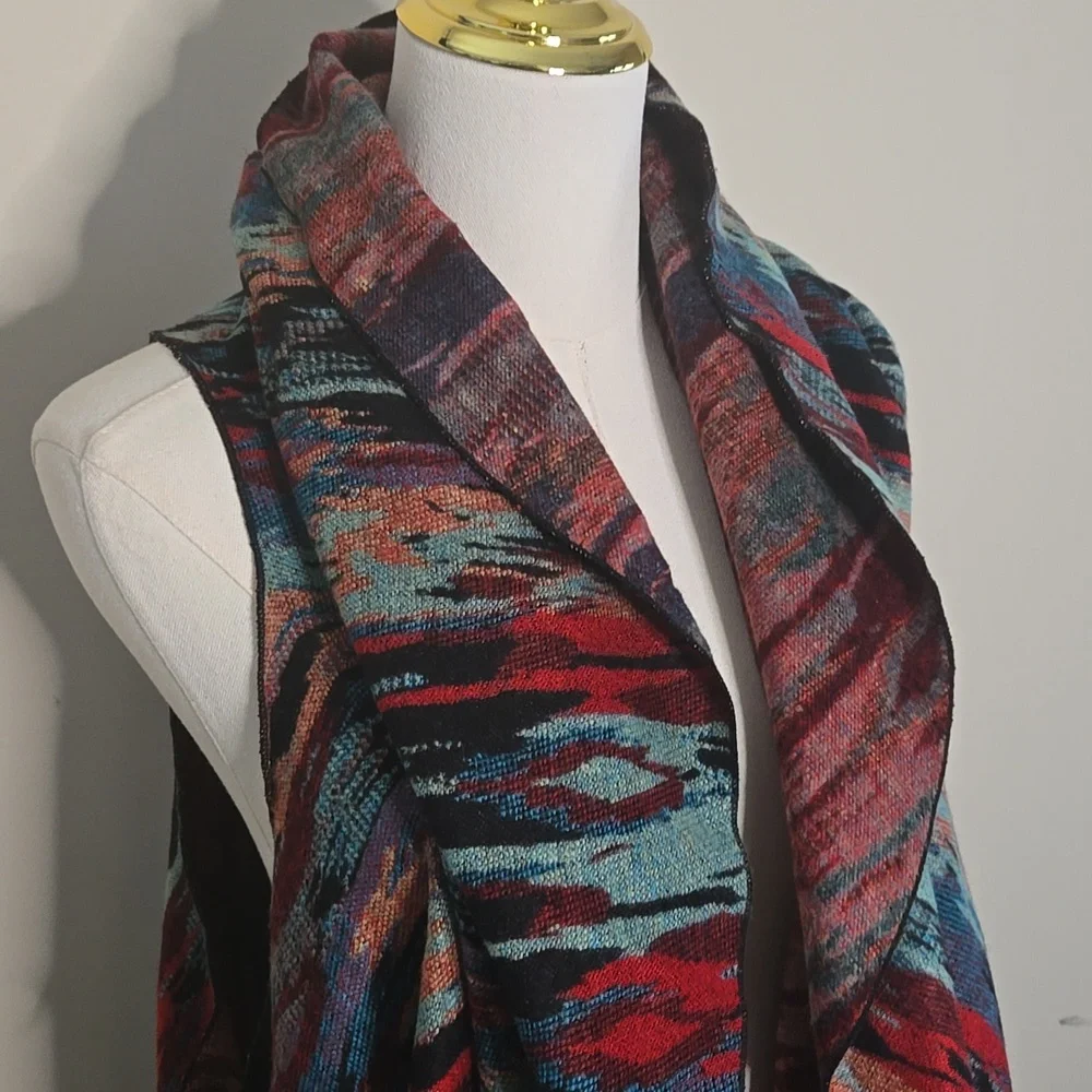 100% Cashmere Waterfall Drape Vest Multicolor Abstract Print Western Heritage - Picture 3 of 8